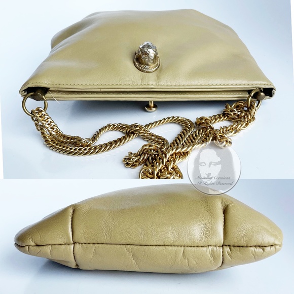 Vintage Ruth Saltz Shoulder Bag Retro 80s Beige Leather Cougar Head Chain Straps - Picture 5 of 9